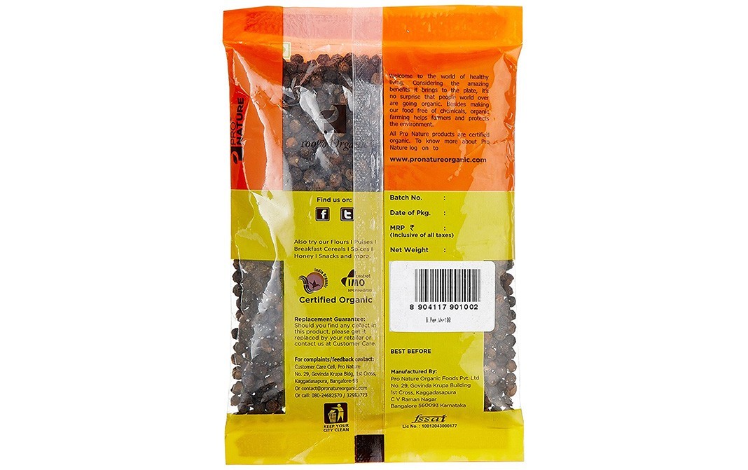 Pro Nature Organic Black Pepper Whole   Pack  100 grams